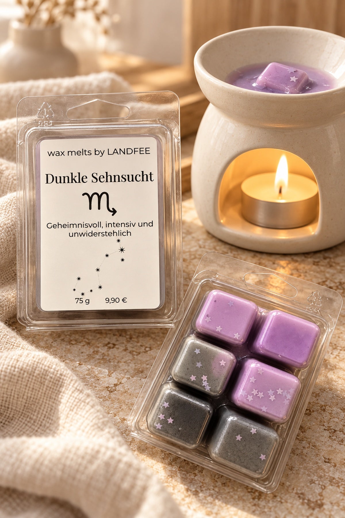 Dunkle Sehnsucht – Wax Melts mit Duftlampe im Scandi-Stil. Duftlampe nicht enthalten.